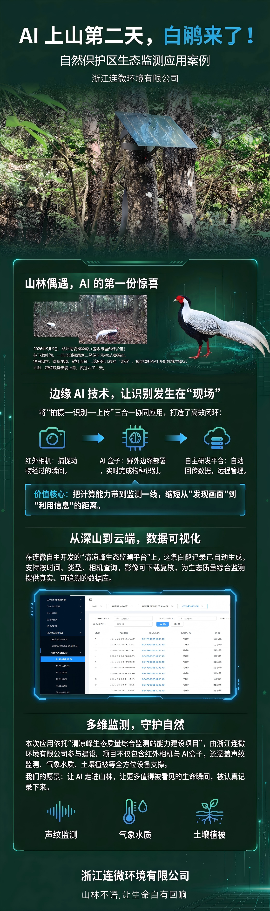 自然保护区生态监测案例海报：林间部署的太阳能监测设备与白鹇抓拍记录