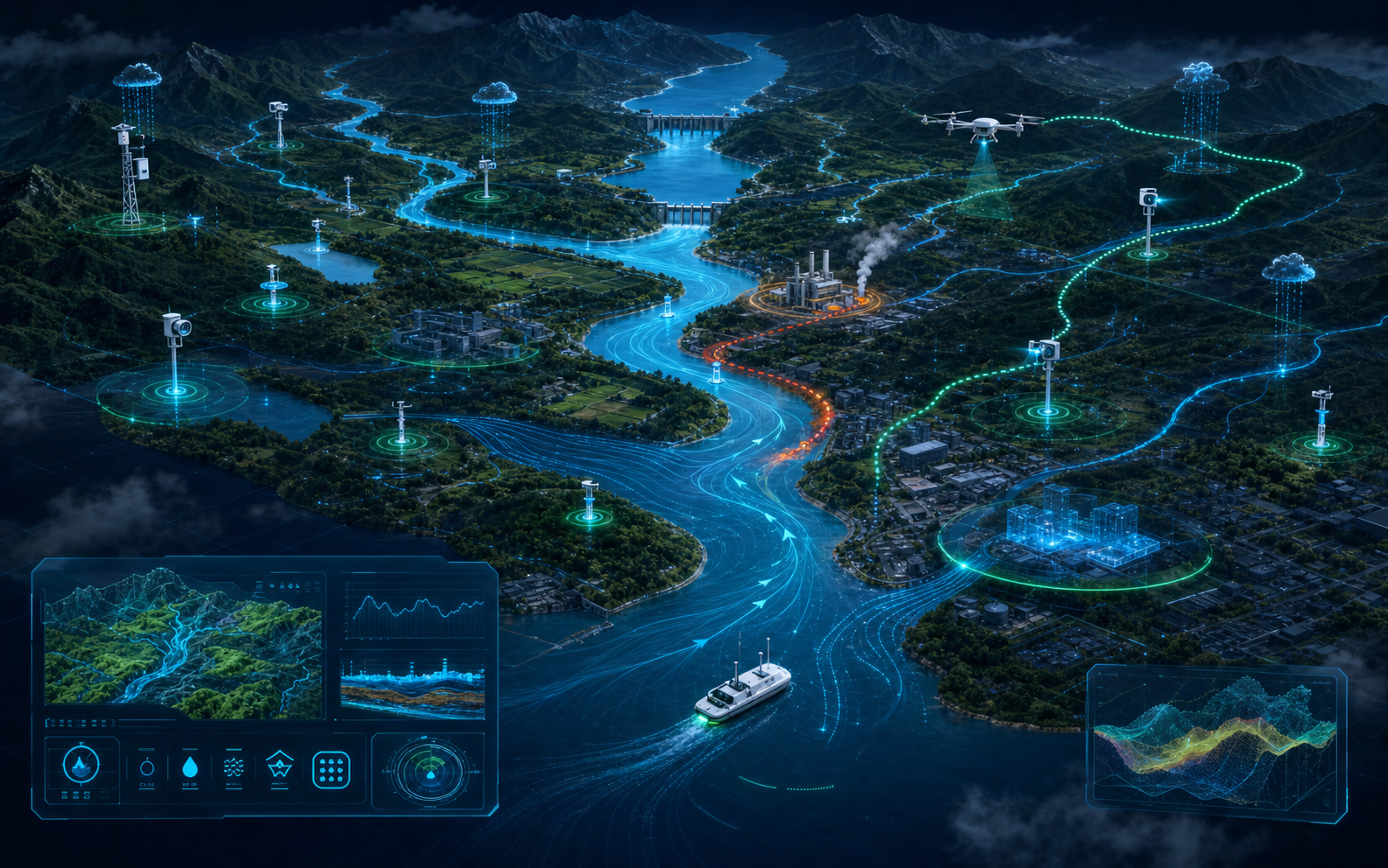 流域水环境集成系统原创数字孪生示意图